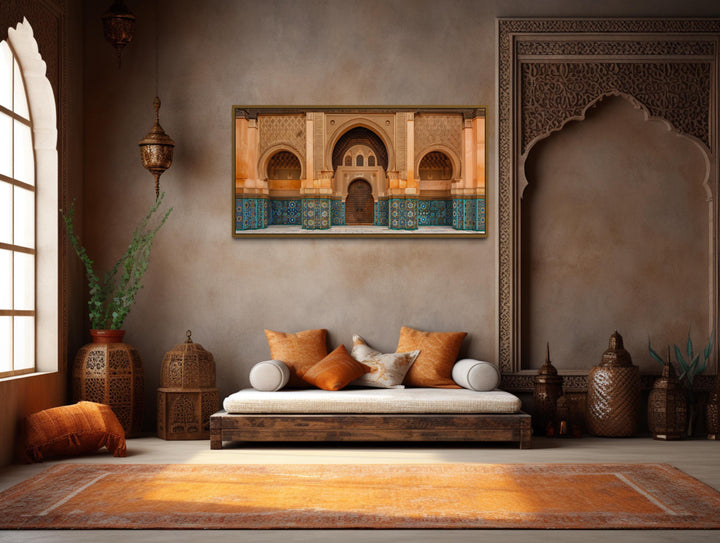 Moorish Architecture Moroccan Framed Canvas Wall Art featuring arched doorways and ornate tilework.