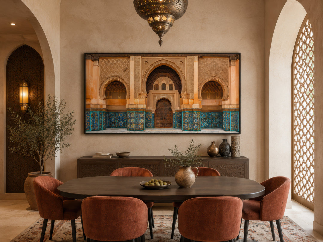 Moorish Architecture Moroccan Framed Canvas Wall Art above a dining table in a warm-toned room.