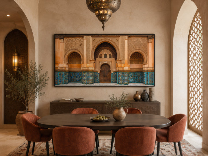 Moorish Architecture Moroccan Framed Canvas Wall Art above a dining table in a warm-toned room.