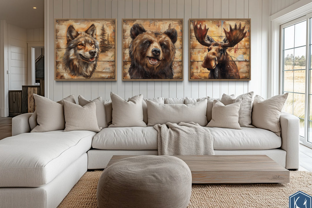 Moose, Bear, Wolf Wildlife Cabin Decor Framed Canvas Wall Art