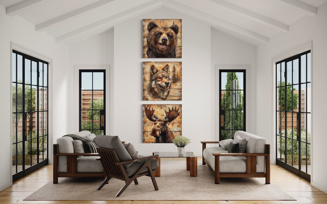 Moose, Bear, Wolf Wildlife Cabin Decor Framed Canvas Wall Art