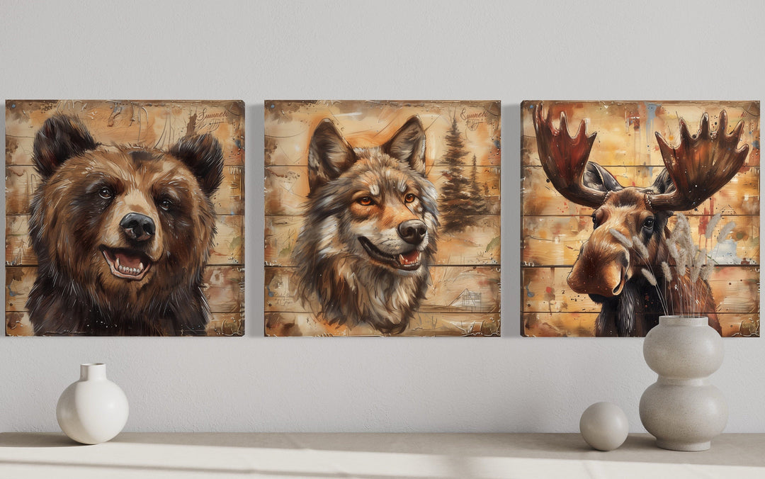 Moose, Bear, Wolf Wildlife Cabin Decor Framed Canvas Wall Art