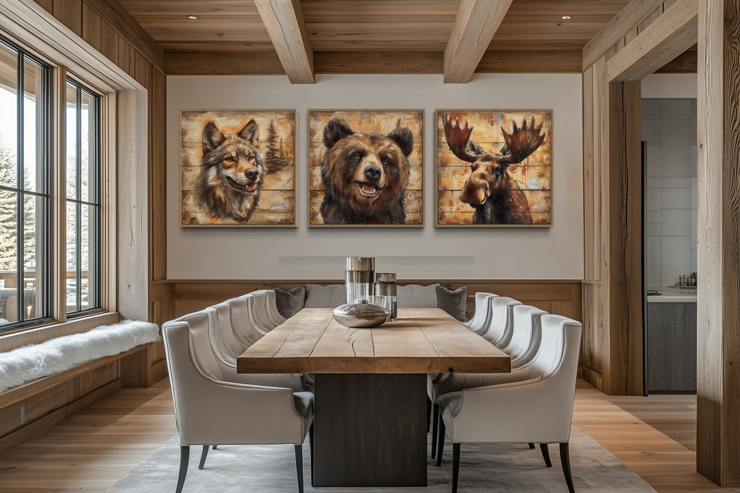 Moose, Bear, Wolf Wildlife Cabin Decor Framed Canvas Wall Art