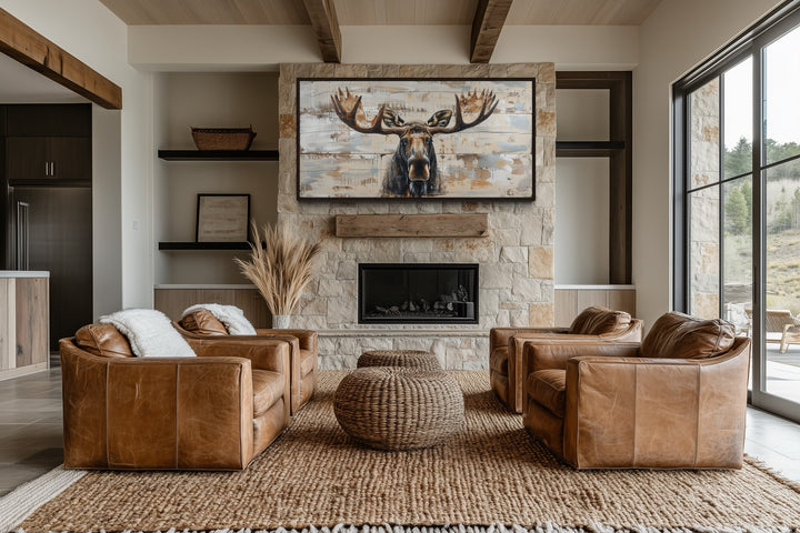 Moose Cabin Wall Art – Rustic Wood Painting on Extra Large Framed Canvas