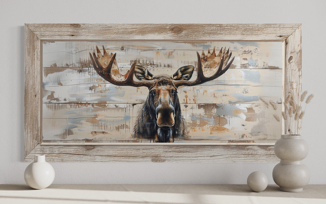 Moose Cabin Wall Art – Rustic Wood Painting on Extra Large Framed Canvas