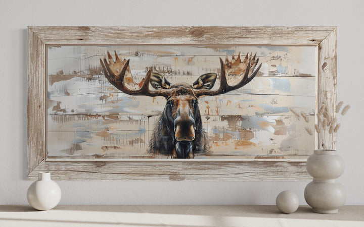 Moose Cabin Wall Art – Rustic Wood Painting on Extra Large Framed Canvas