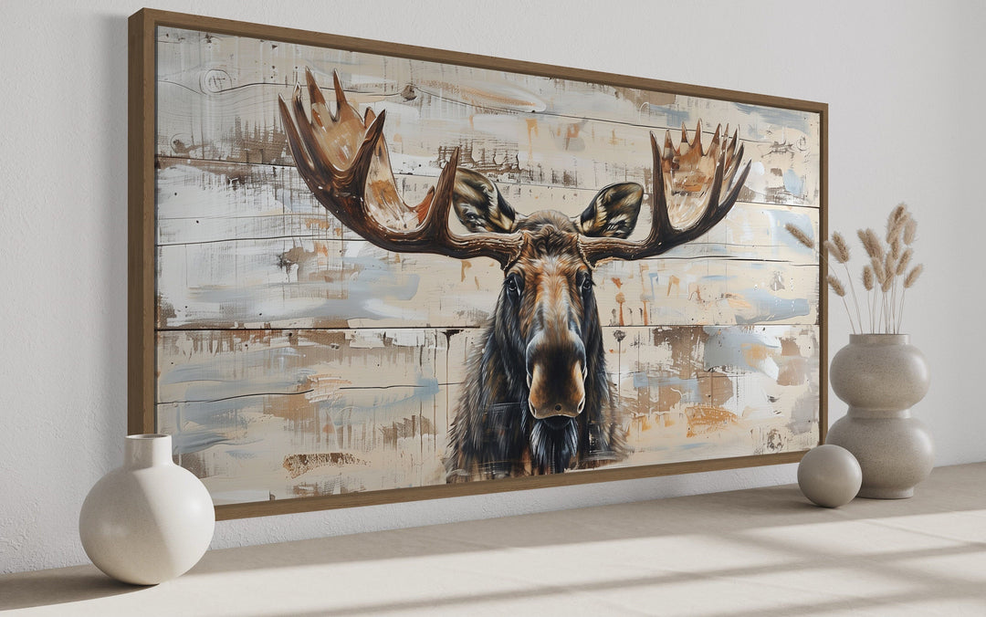 Moose Cabin Wall Art – Rustic Wood Painting on Extra Large Framed Canvas