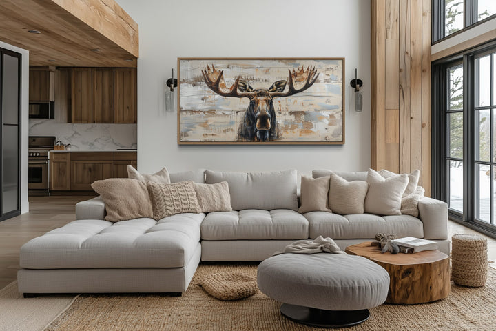 Moose Cabin Wall Art – Rustic Wood Painting on Extra Large Framed Canvas