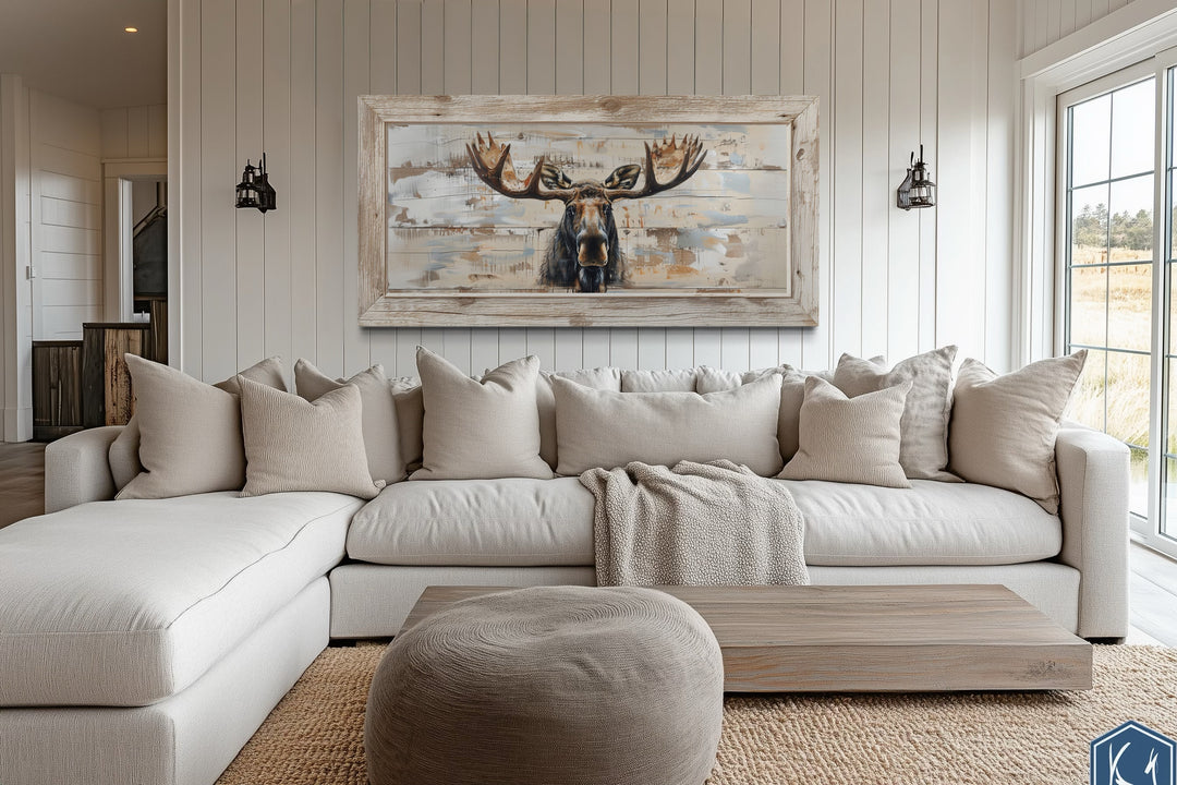 Moose Cabin Wall Art – Rustic Wood Painting on Extra Large Framed Canvas
