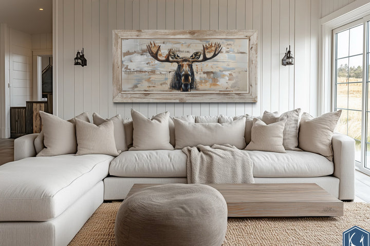 Moose Cabin Wall Art – Rustic Wood Painting on Extra Large Framed Canvas