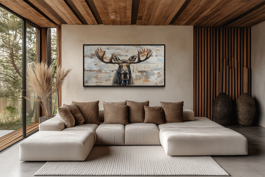 Moose Cabin Wall Art – Rustic Wood Painting on Extra Large Framed Canvas