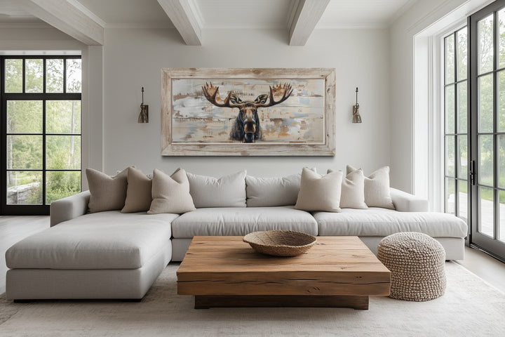 Moose Cabin Wall Art – Rustic Wood Painting on Extra Large Framed Canvas