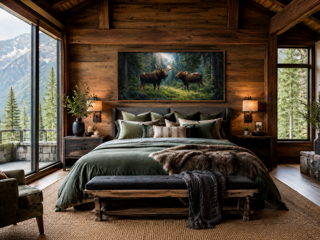 Moose couple framed canvas wall art hanging above a bed in a rustic log cabin bedroom.