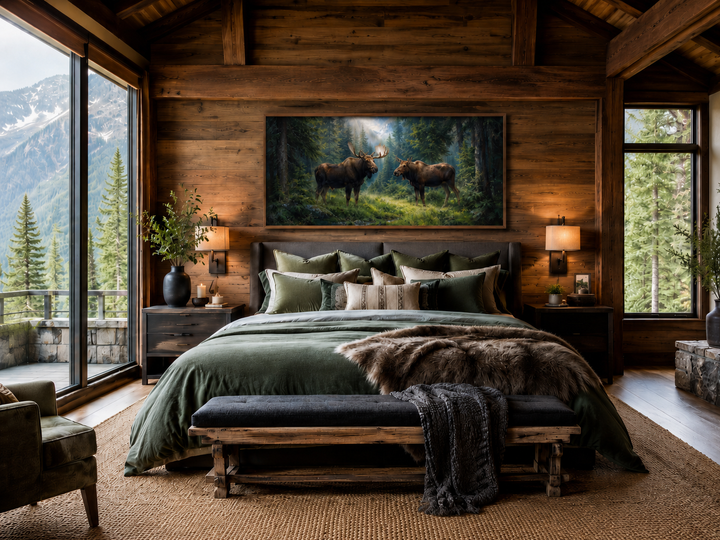 Moose couple framed canvas wall art hanging above a bed in a rustic log cabin bedroom.