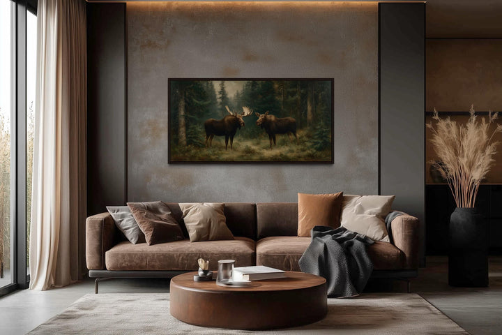 Moose Couple Framed Canvas Wall Art For Cabin Decor