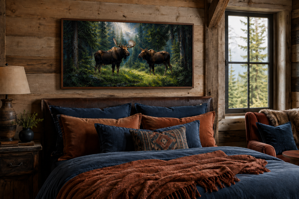 Moose couple framed canvas wall art above a bed in a rustic cabin bedroom with wood walls.
