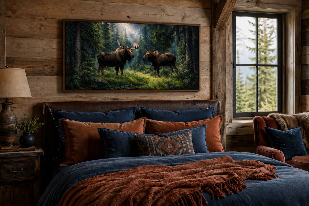 Moose couple framed canvas wall art above a bed in a rustic cabin bedroom with wood walls.