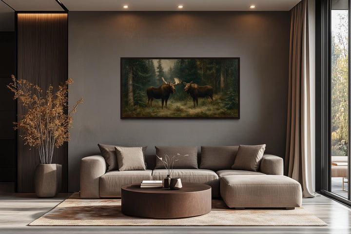 Moose Couple Framed Canvas Wall Art For Cabin Decor