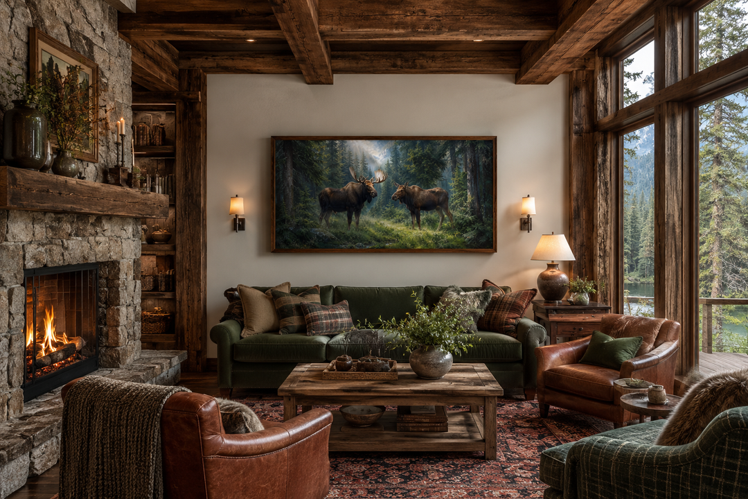 Moose couple framed canvas wall art hanging above a green sofa in a rustic cabin living room.