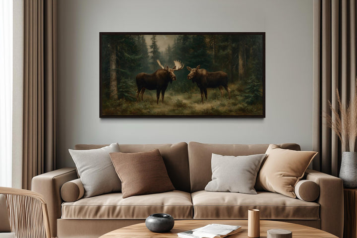 Moose Couple Framed Canvas Wall Art For Cabin Decor