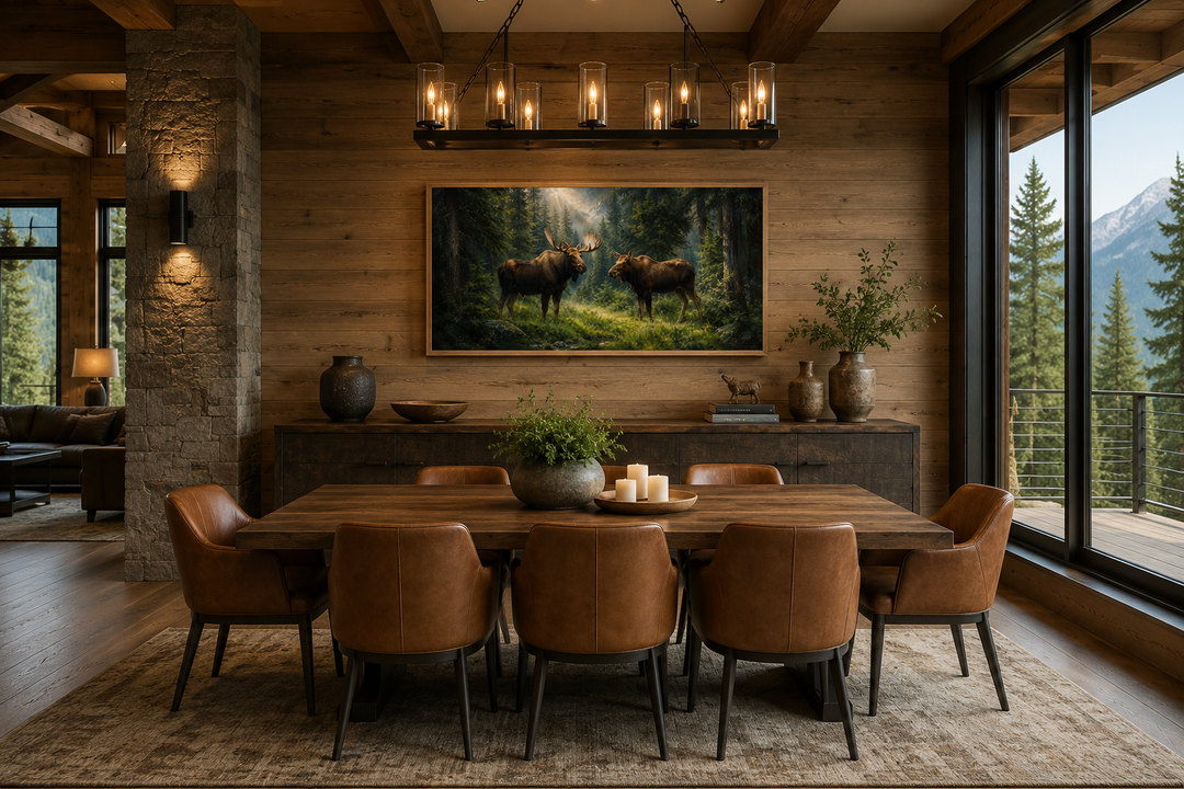 Moose couple framed canvas wall art in a rustic dining room with wood walls and a stone pillar.
