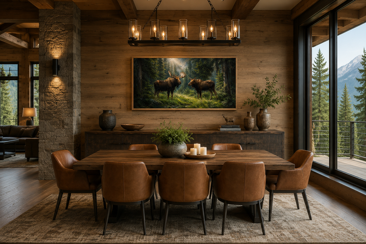 Moose couple framed canvas wall art in a rustic dining room with wood walls and a stone pillar.