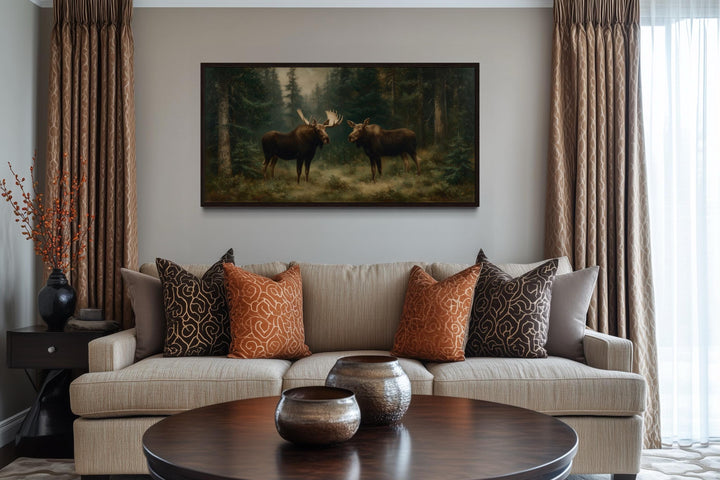 Moose Couple Framed Canvas Wall Art For Cabin Decor