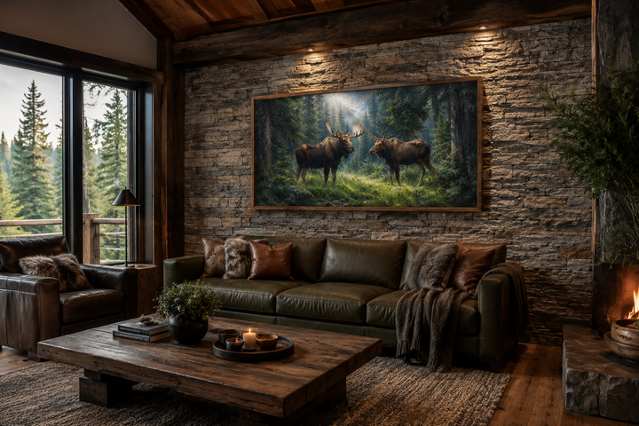 Moose couple framed canvas wall art hanging on a stone wall in a rustic cabin living room.