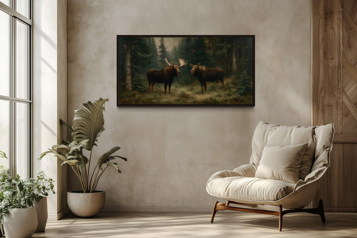 Moose Couple Framed Canvas Wall Art For Cabin Decor