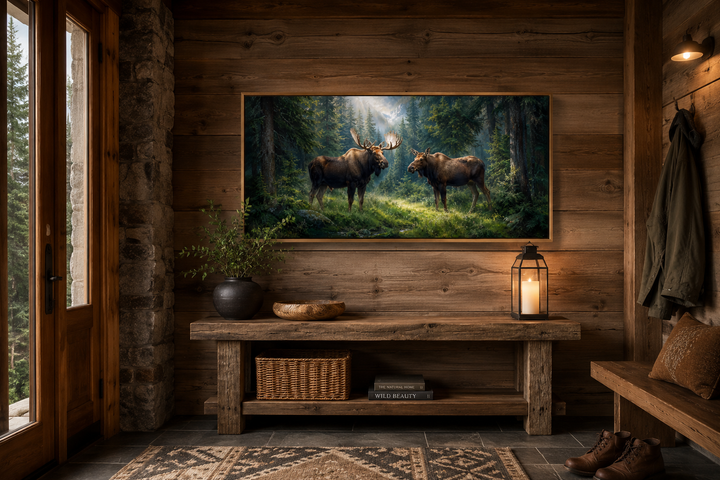 Moose couple framed canvas wall art in a rustic cabin entryway above a wooden bench.