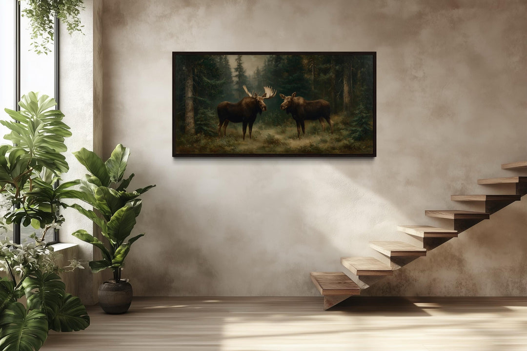 Moose Couple Framed Canvas Wall Art For Cabin Decor