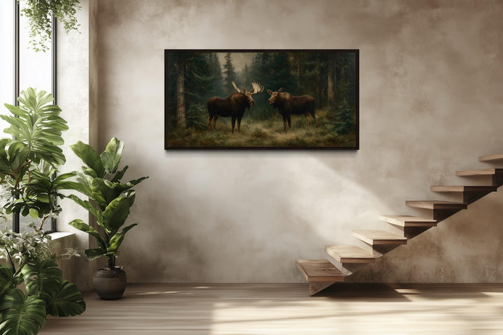 Moose Couple Framed Canvas Wall Art For Cabin Decor