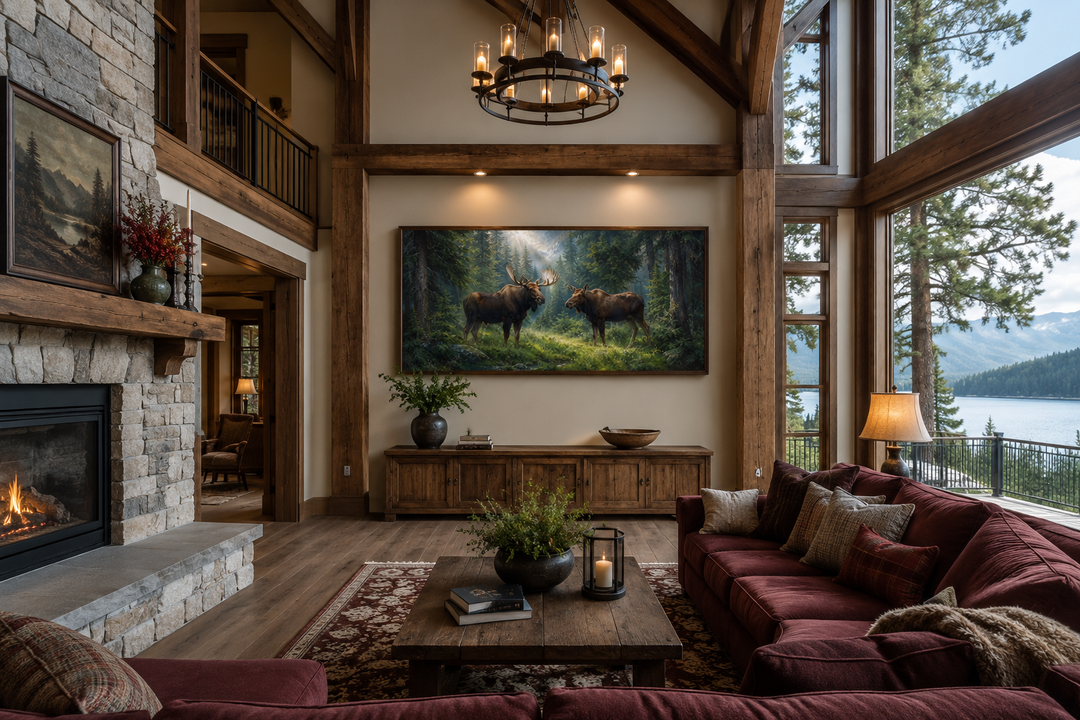 Moose Couple Framed Canvas Wall Art in a rustic cabin living room above a wooden sideboard.
