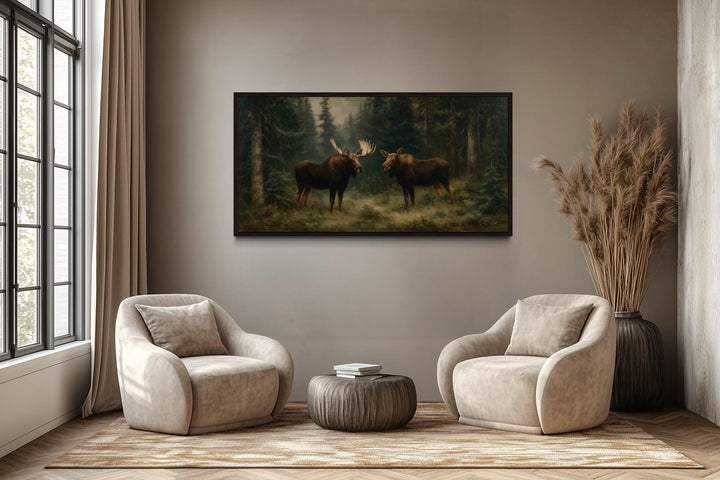 Moose Couple Framed Canvas Wall Art For Cabin Decor
