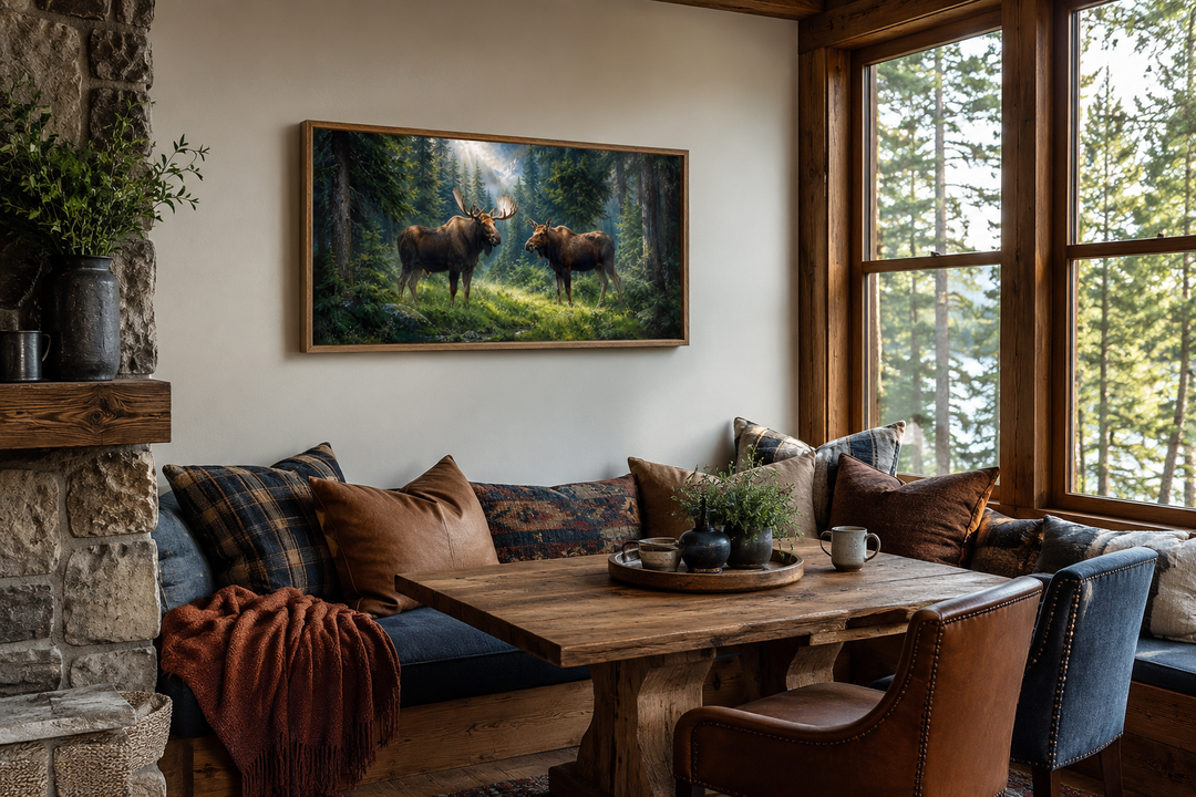 Moose couple framed canvas wall art hanging in a rustic cabin dining nook with forest views.
