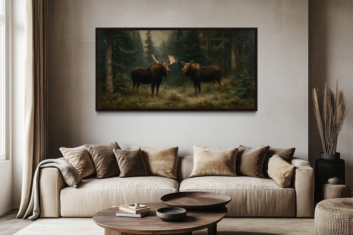 Moose Couple Framed Canvas Wall Art For Cabin Decor