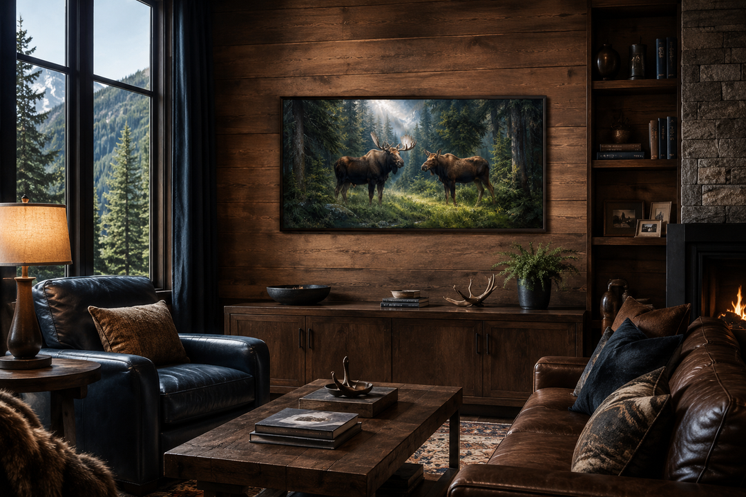 Moose couple framed canvas wall art depicting a bull and cow moose in a sunlit forest clearing.