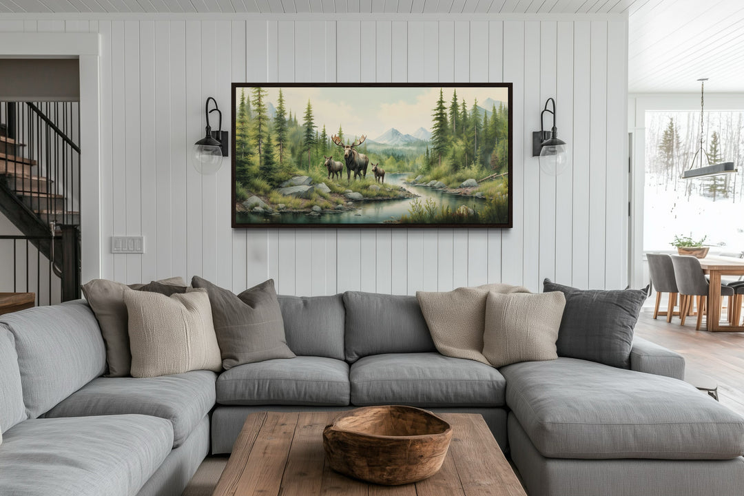 Moose Family With Cubs In The Forest Framed Canvas Wall Art