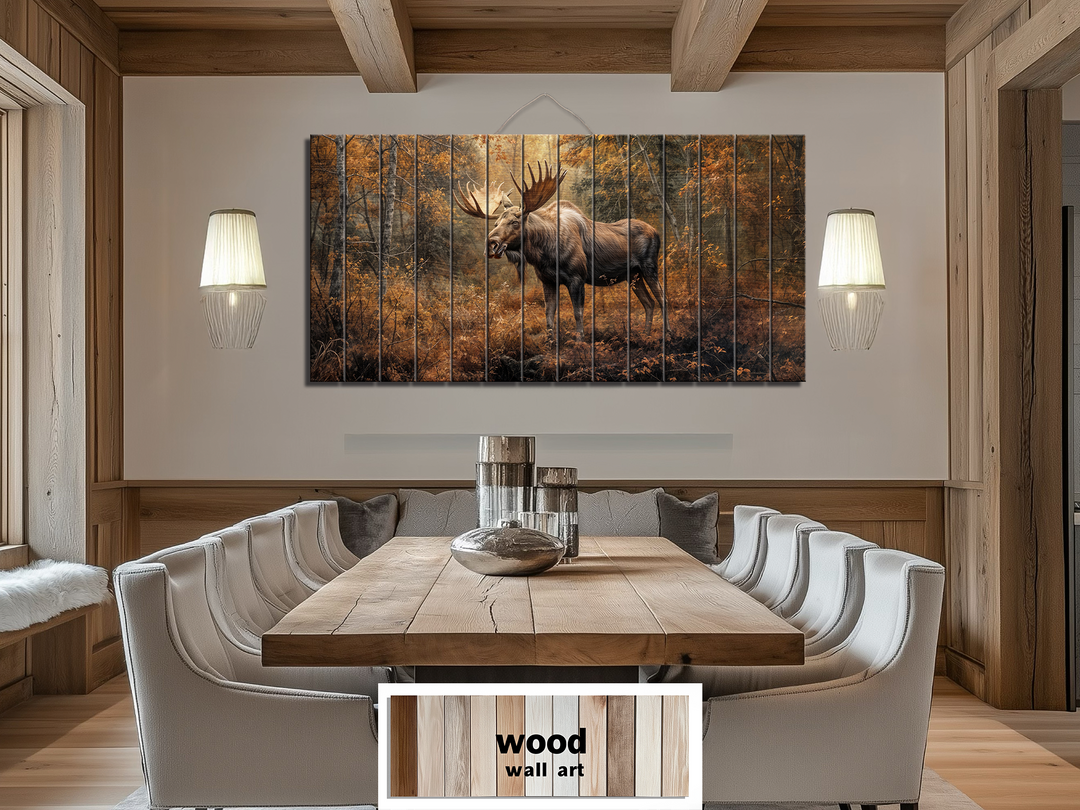 Moose In Autumn Forest Distressed Wood Wall Art For Rustic Home or Cabin Decor