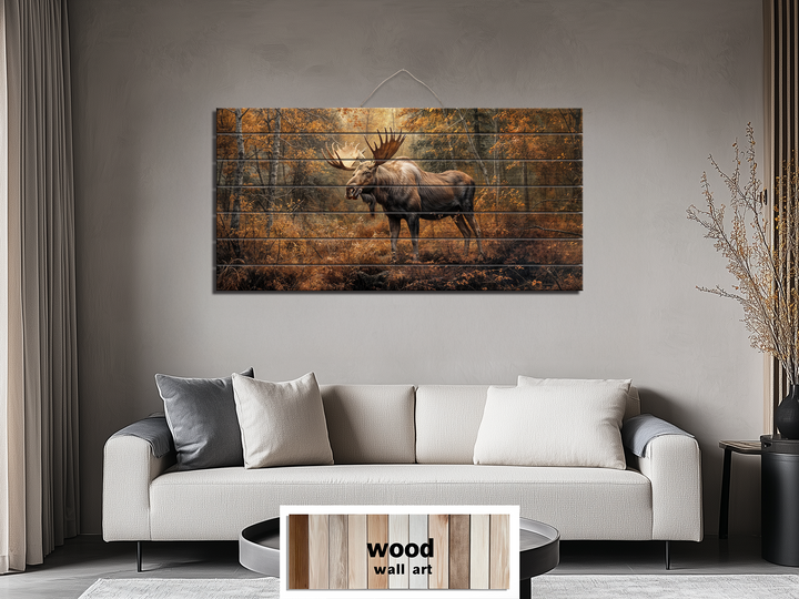 Moose In Autumn Forest Distressed Wood Wall Art For Rustic Home or Cabin Decor