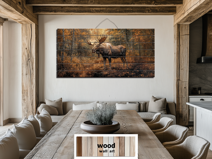 Moose In Autumn Forest Distressed Wood Wall Art For Rustic Home or Cabin Decor
