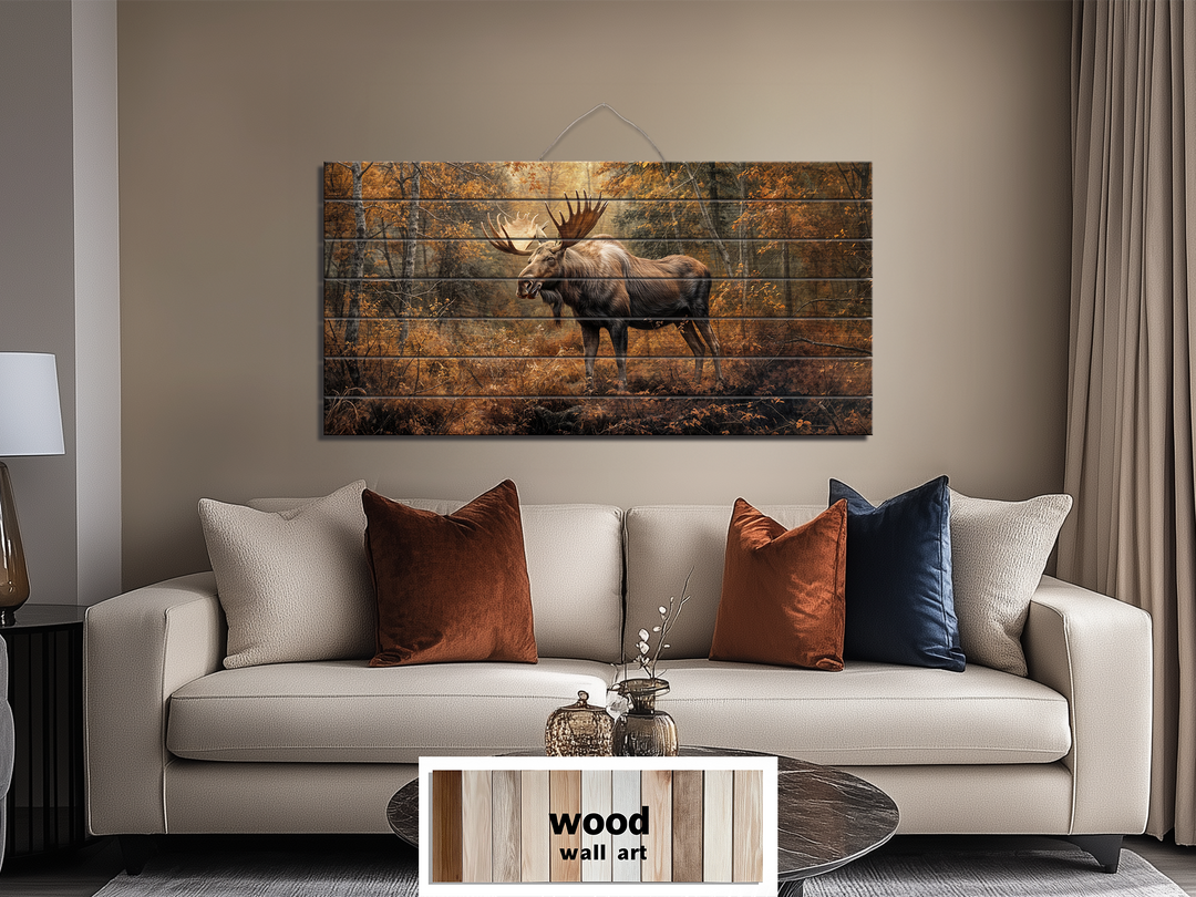 Moose In Autumn Forest Distressed Wood Wall Art For Rustic Home or Cabin Decor