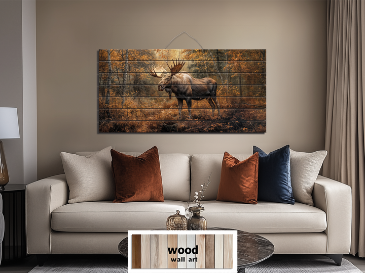 Moose In Autumn Forest Distressed Wood Wall Art For Rustic Home or Cabin Decor
