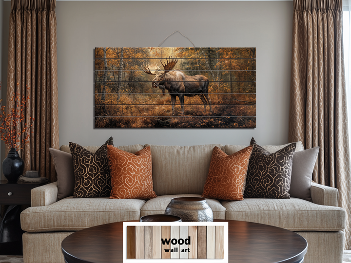 Moose In Autumn Forest Distressed Wood Wall Art For Rustic Home or Cabin Decor
