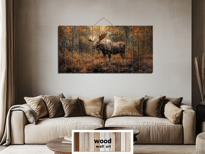 Moose In Autumn Forest Distressed Wood Wall Art For Rustic Home or Cabin Decor