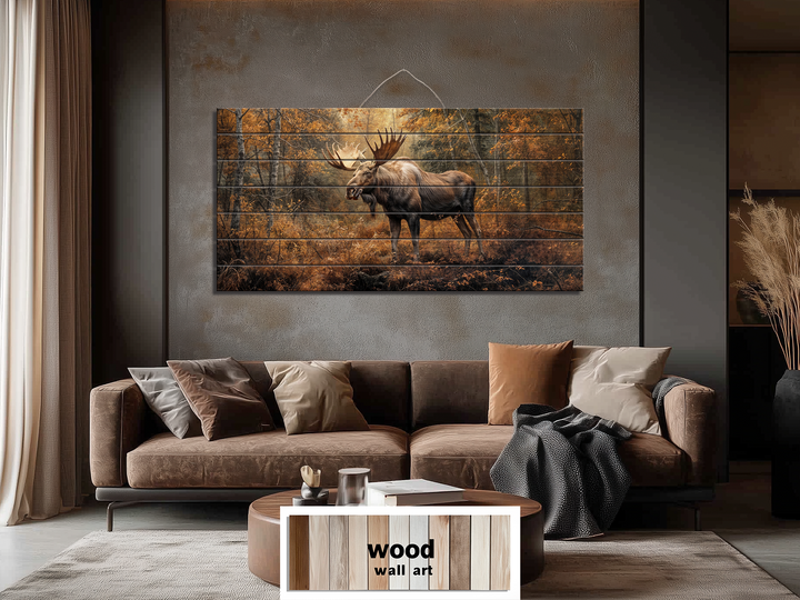 Moose In Autumn Forest Distressed Wood Wall Art For Rustic Home or Cabin Decor