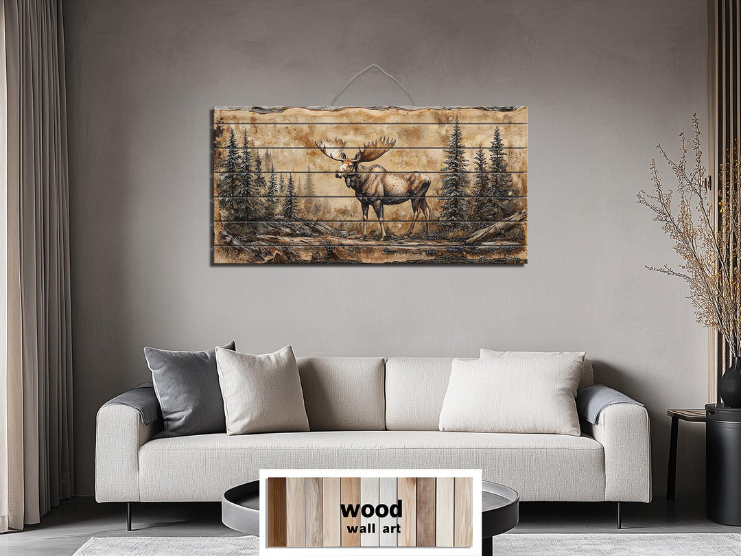 Moose In Forest Distressed Wood Wall Art