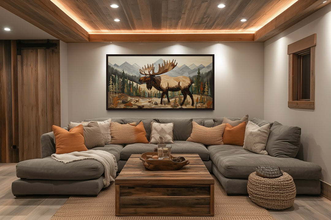 Moose In Mountain Forest Framed Canvas Wall Art For Cabin Decor
