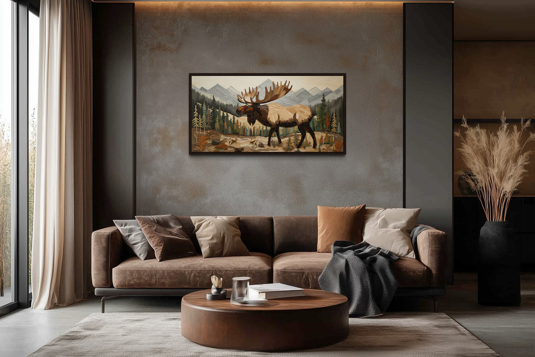 Moose In Mountain Forest Framed Canvas Wall Art For Cabin Decor