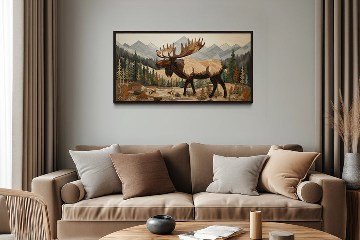 Moose In Mountain Forest Framed Canvas Wall Art For Cabin Decor